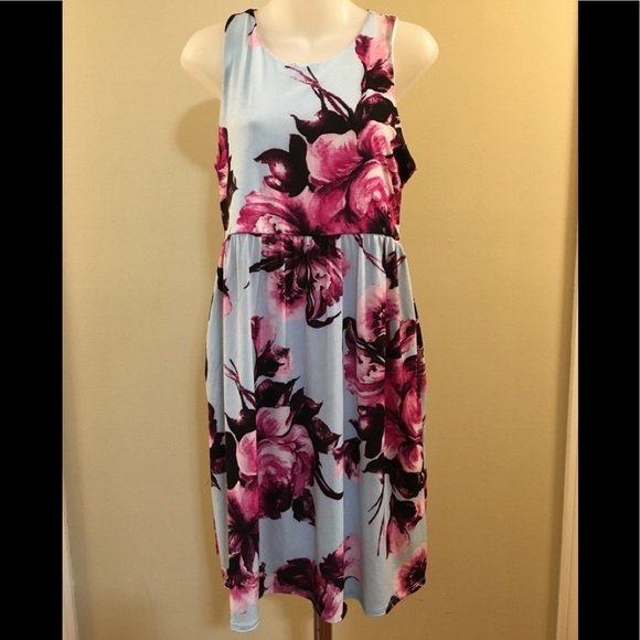 Floral Print Slinky Racerback Baby Blue Dress F. - Picture 5 of 8